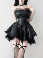 Faux Leather Corset Lace Up Side Lace Trim Flared Mini Dress