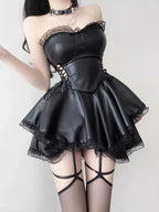 Faux Leather Corset Lace Up Side Lace Trim Flared Mini Dress