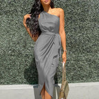 Satin One Shoulder Wrap Tie Waist Tulip Hem Midi Dress