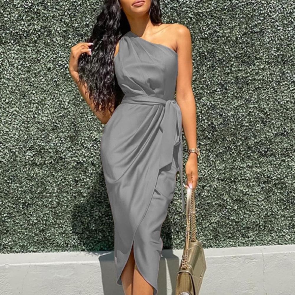 Satin One Shoulder Wrap Tie Waist Tulip Hem Midi Dress