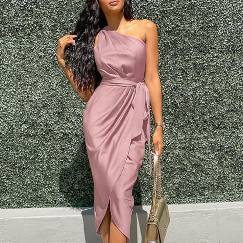 Satin One Shoulder Wrap Tie Waist Tulip Hem Midi Dress