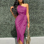 Satin One Shoulder Wrap Tie Waist Tulip Hem Midi Dress