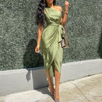 Satin One Shoulder Wrap Tie Waist Tulip Hem Midi Dress