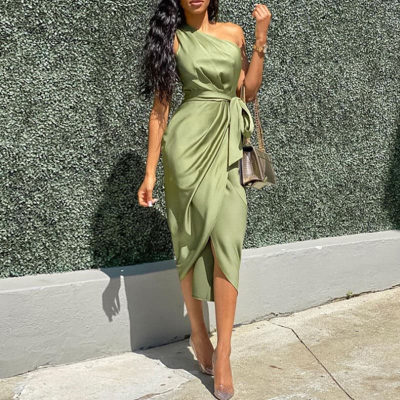 Satin One Shoulder Wrap Tie Waist Tulip Hem Midi Dress