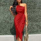 Satin One Shoulder Wrap Tie Waist Tulip Hem Midi Dress