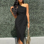 Satin One Shoulder Wrap Tie Waist Tulip Hem Midi Dress
