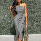 Satin One Shoulder Wrap Tie Waist Tulip Hem Midi Dress