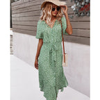 Ditsy Floral Print V-Neck Short Sleeve Belted Shirt Midi Dress