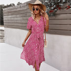 Ditsy Floral Print V-Neck Short Sleeve Belted Shirt Midi Dress
