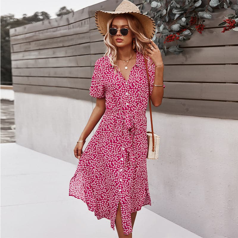 Ditsy Floral Print V-Neck Short Sleeve Belted Shirt Midi Dress