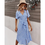 Ditsy Floral Print V-Neck Short Sleeve Belted Shirt Midi Dress