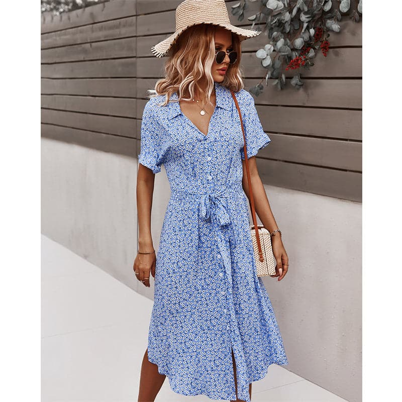 Ditsy Floral Print V-Neck Short Sleeve Belted Shirt Midi Dress