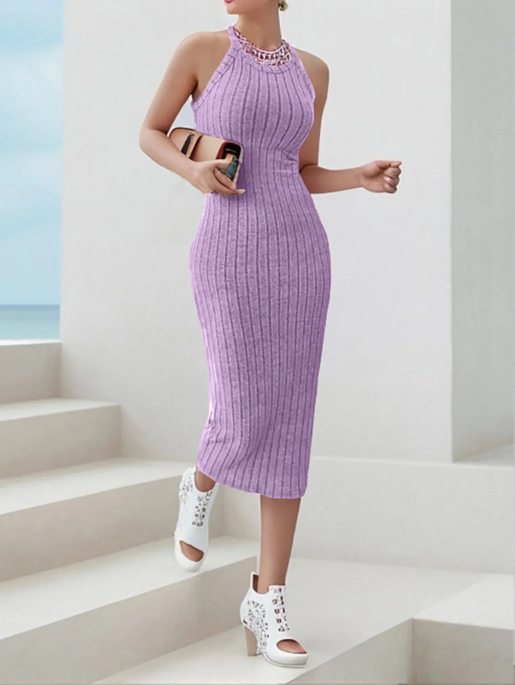 Rib Knit Halter Neck Bodycon Midi Dress
