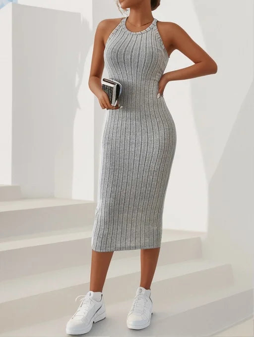 Rib Knit Halter Neck Bodycon Midi Dress