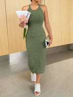 Rib Knit Halter Neck Bodycon Midi Dress