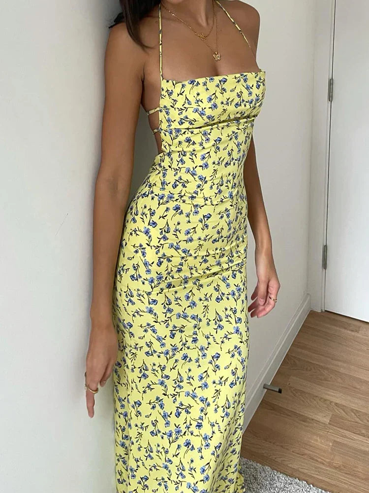 Floral Print Halter Backless Gathered Side Slit Midi Dress
