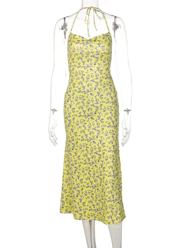 Halter Lace Up Floral Print High Slit Bodycon Midi Dress