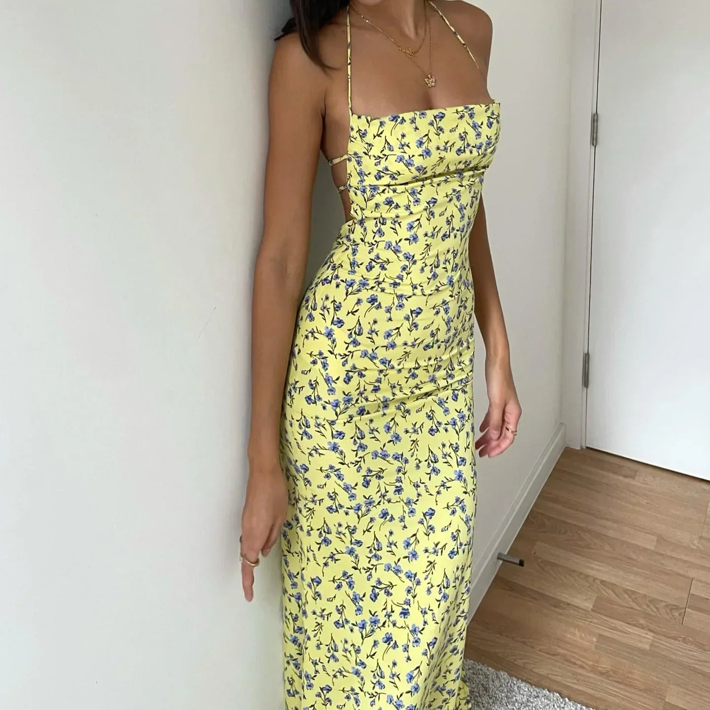 Floral Print Halter Backless Gathered Side Slit Midi Dress