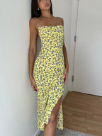 Floral Print Halter Backless Gathered Side Slit Midi Dress