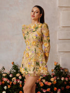 3D Floral Applique Mesh Long Sleeve Crew Neck Mini Dress