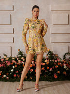 3D Floral Applique Mesh Long Sleeve Crew Neck Mini Dress
