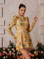 3D Floral Applique Mesh Long Sleeve Crew Neck Mini Dress
