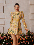 3D Floral Applique Mesh Long Sleeve Crew Neck Mini Dress