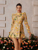 3D Floral Applique Mesh Long Sleeve Crew Neck Mini Dress