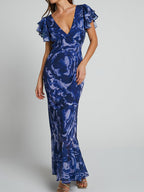 Abstract Swirl Print Deep V-Neck Flutter Sleeve Ruffle Hem Bodycon Maxi Dress