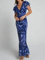 Abstract Swirl Print Deep V-Neck Flutter Sleeve Ruffle Hem Bodycon Maxi Dress