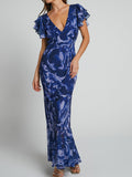 Watercolor Print Deep V-Neck Flutter Sleeve Mermaid Maxi Dress