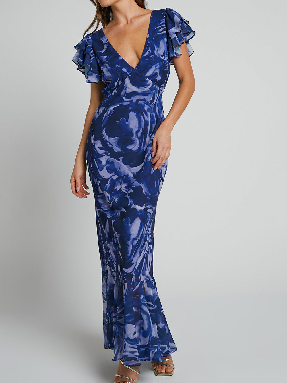 Watercolor Print Deep V-Neck Flutter Sleeve Mermaid Maxi Dress