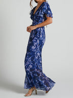 Abstract Swirl Print Deep V-Neck Flutter Sleeve Ruffle Hem Bodycon Maxi Dress