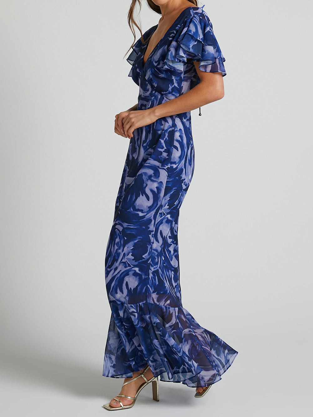 Abstract Swirl Print Deep V-Neck Flutter Sleeve Ruffle Hem Bodycon Maxi Dress