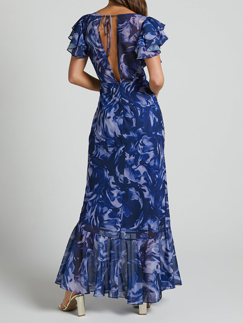 Abstract Swirl Print Deep V-Neck Flutter Sleeve Ruffle Hem Bodycon Maxi Dress