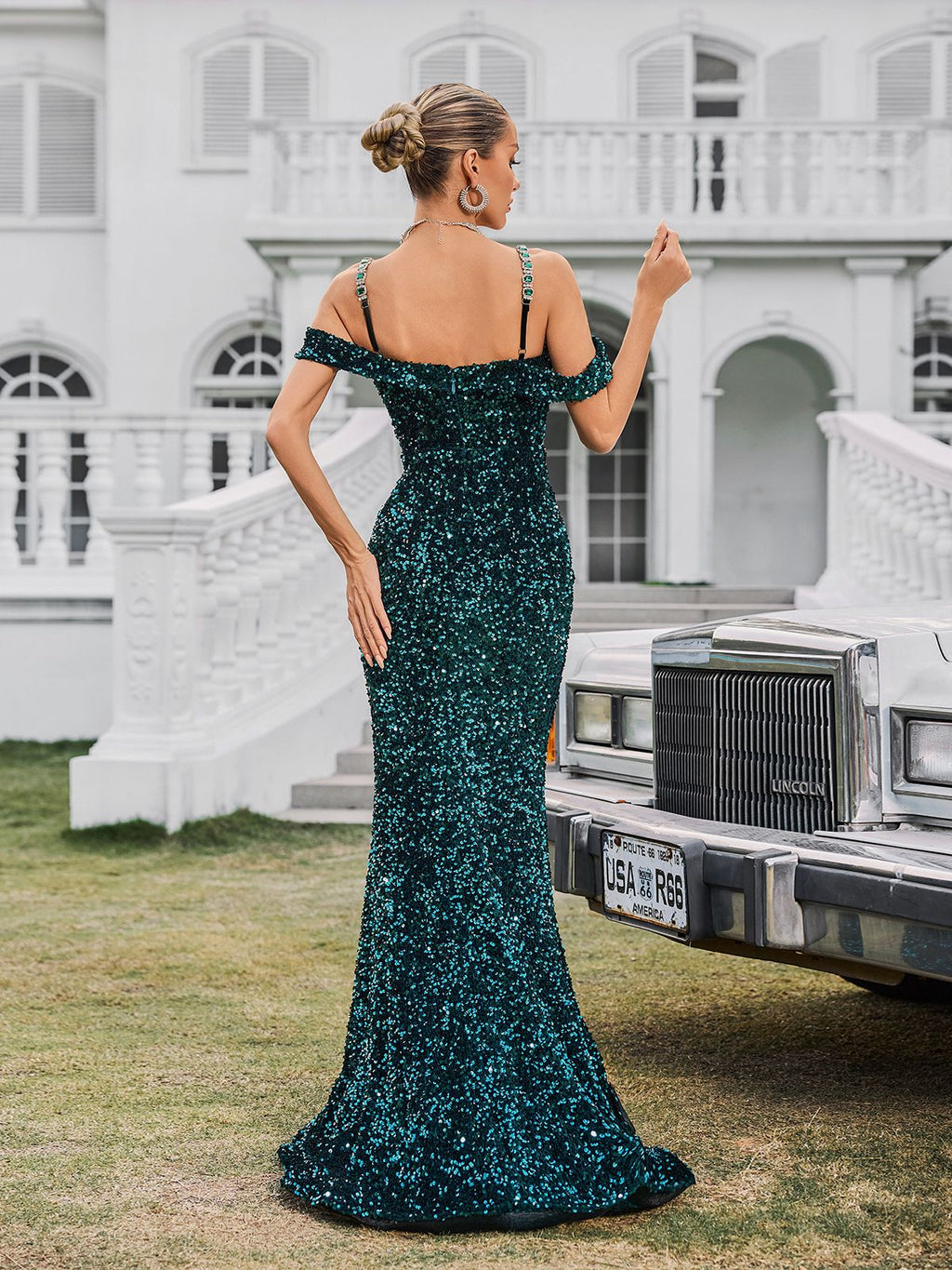 Sequin Off Shoulder Crystal Corset Mesh Panel Mermaid Maxi Gown