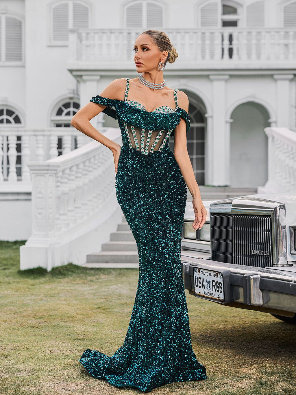 Sequin Off Shoulder Crystal Corset Mesh Panel Mermaid Maxi Gown