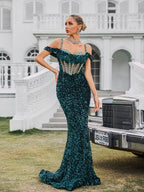 Sequin Off Shoulder Crystal Corset Mesh Panel Mermaid Maxi Gown