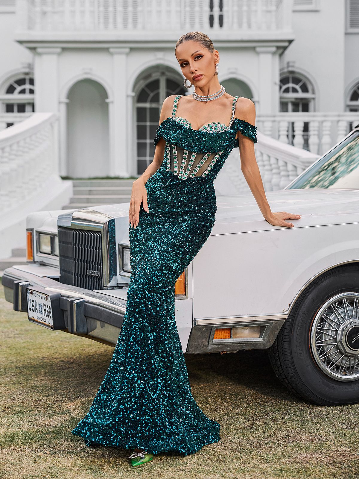 Sequin Off Shoulder Crystal Corset Mesh Panel Mermaid Maxi Gown