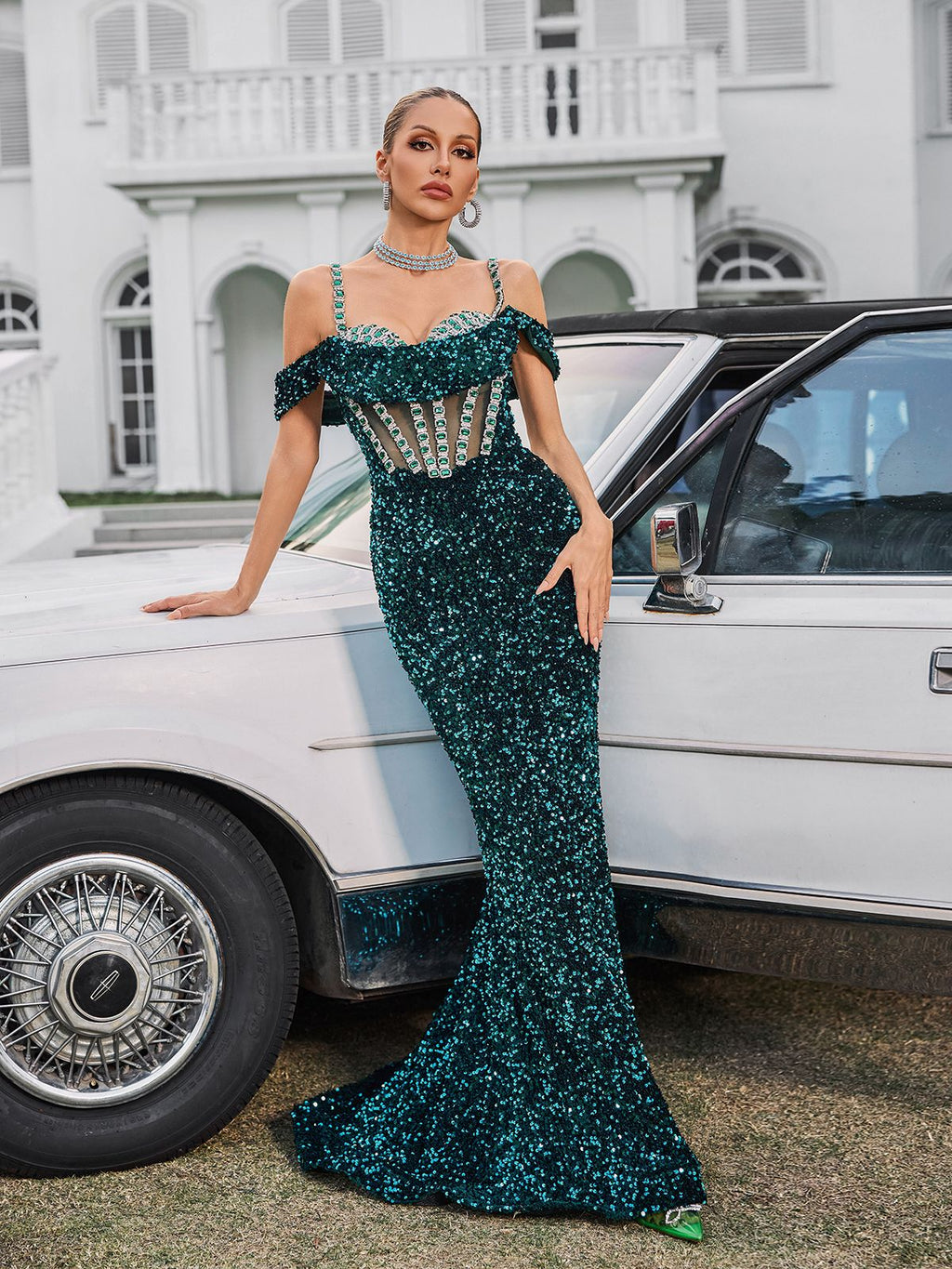Sequin Off Shoulder Crystal Corset Mesh Panel Mermaid Maxi Gown