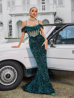 Sequin Off Shoulder Crystal Corset Mesh Panel Mermaid Maxi Gown