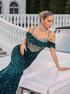 Sequin Off Shoulder Crystal Corset Mesh Panel Mermaid Maxi Gown