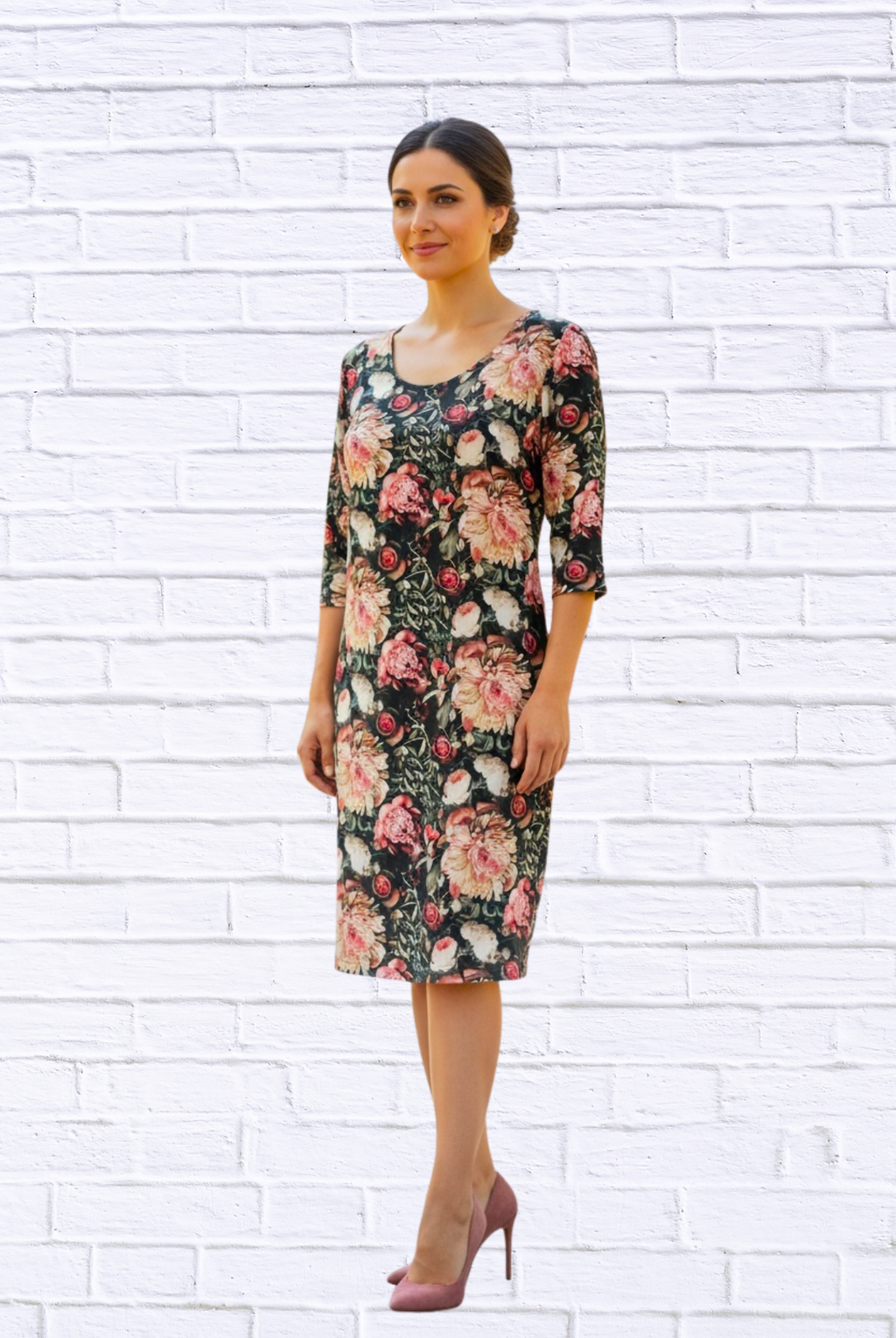 Vintage Floral Print 3/4 Sleeve Knit Dress _ Elegant Round Neck Knee-Length Dress
