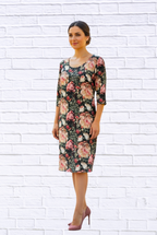 Vintage Floral Print 3/4 Sleeve Knit Dress _ Elegant Round Neck Knee-Length Dress