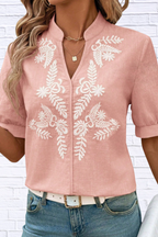 Embroidered Notched Neck Blouse for Women | Black Short Sleeve Floral