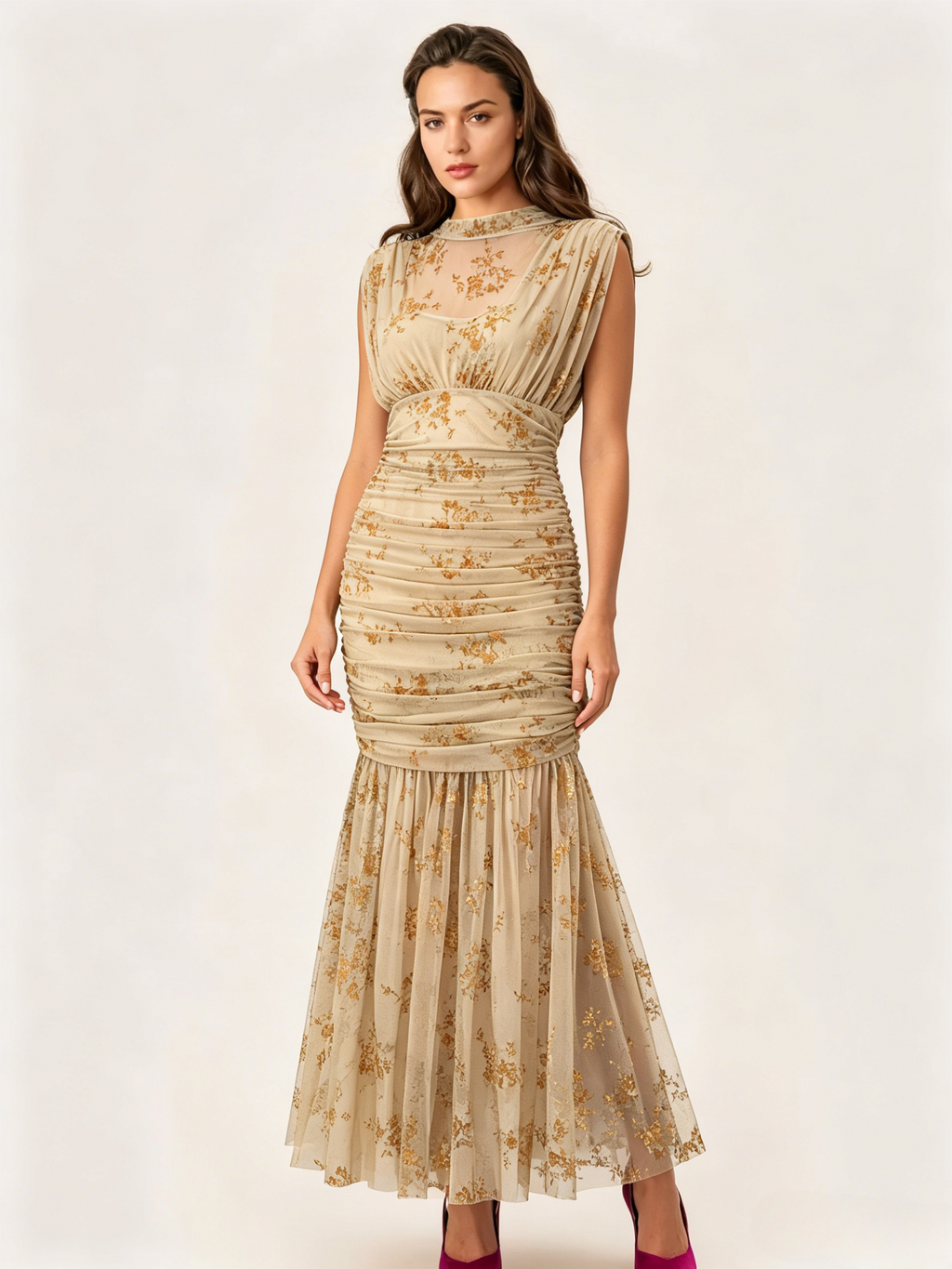 Party Dress Maxi Light Apricot Stand Collar Pleated Short Sleeves Printed Dress