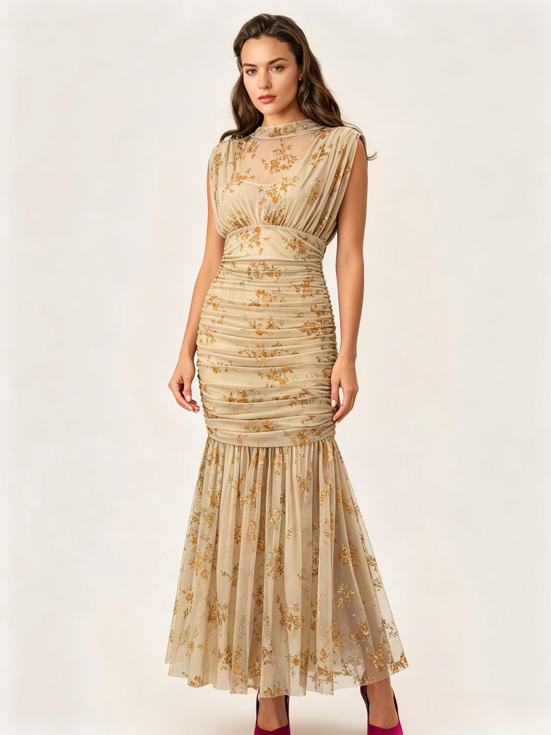 Party Dress Maxi Light Apricot Stand Collar Pleated Short Sleeves Printed Dress
