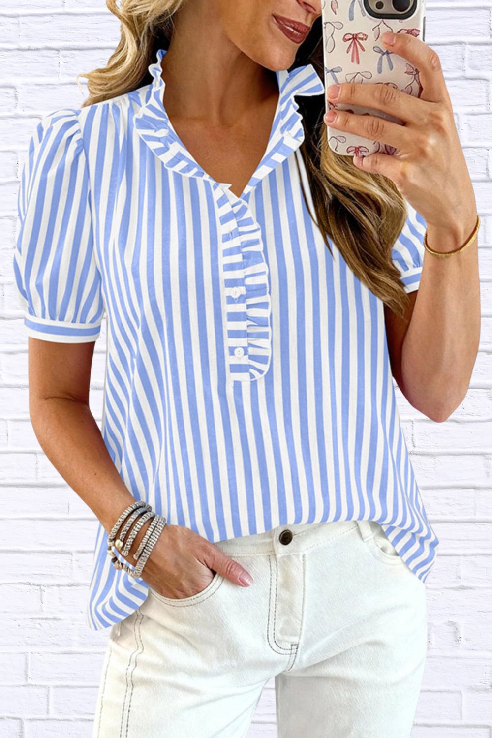Frill Striped Puff Sleeve Blouse | Chic Women__ Top