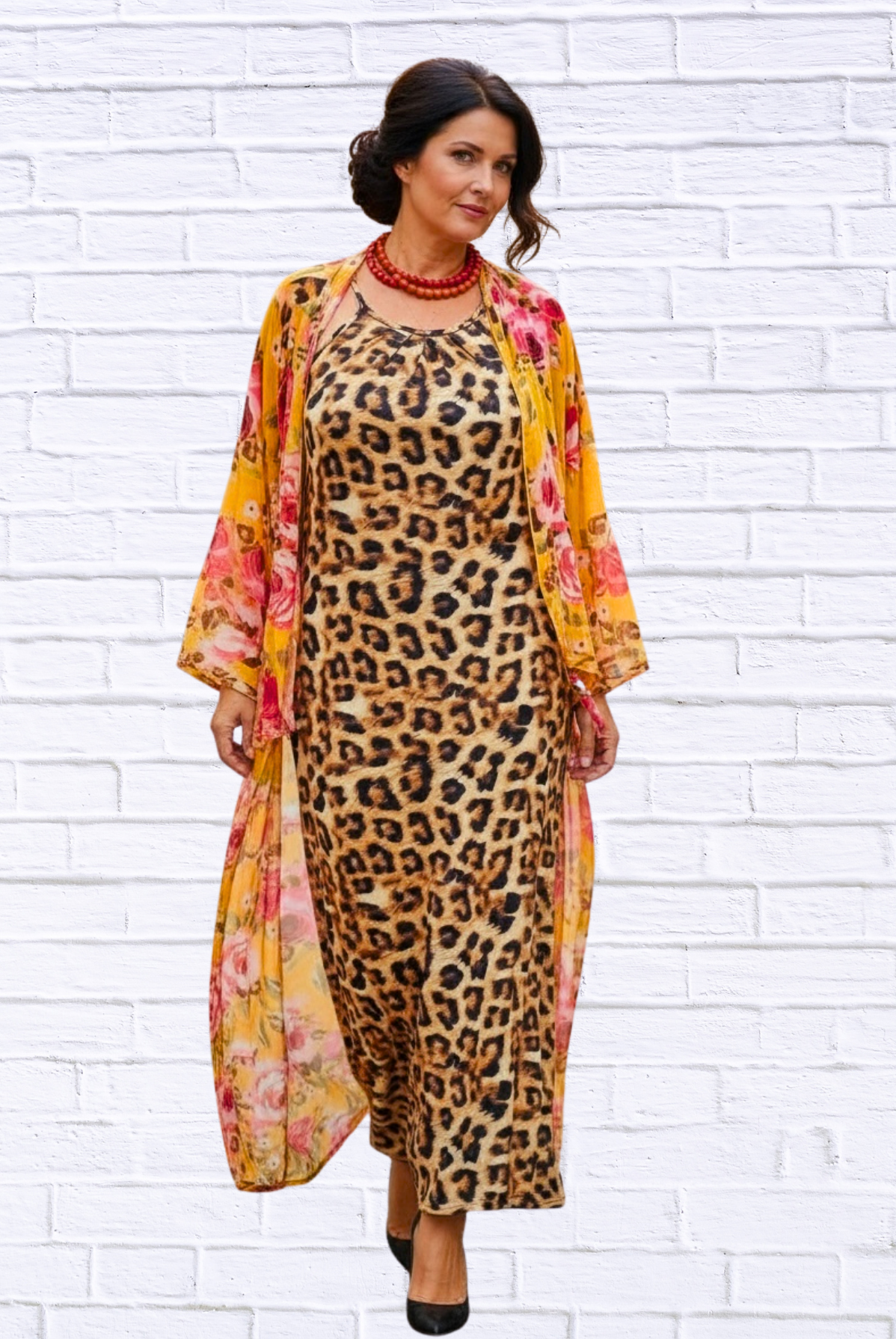 Demi Column Maxi Dress - Tangerine/Cerise Pink / Animal Combo