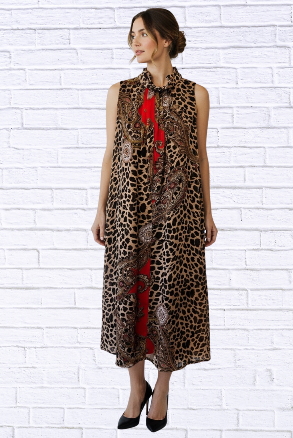 Animal and Paisley Print Sleeveless Maxi Dress _ High Neck Bow Detail Flowy Woven Dress